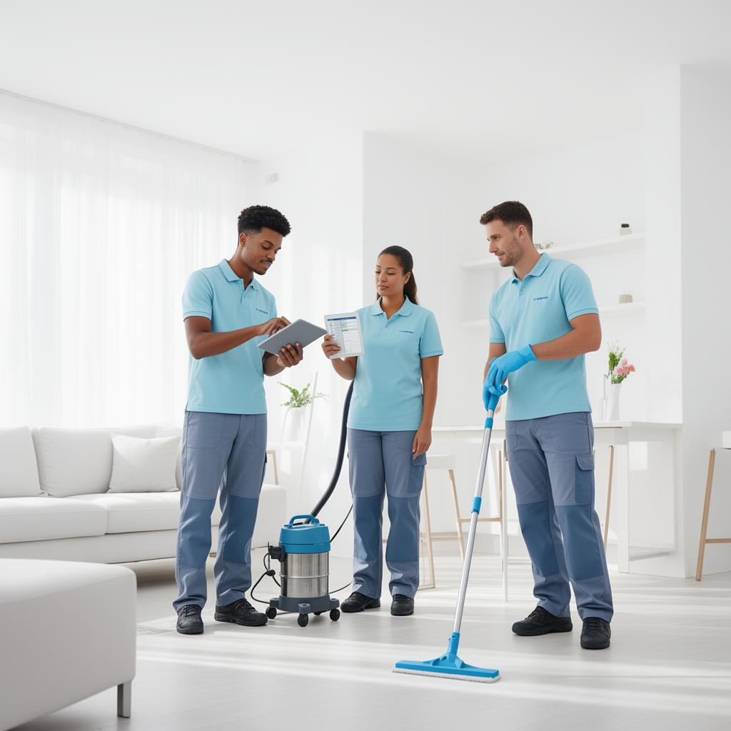 Cleaner-Team im Austausch in einer modernen Wohnung